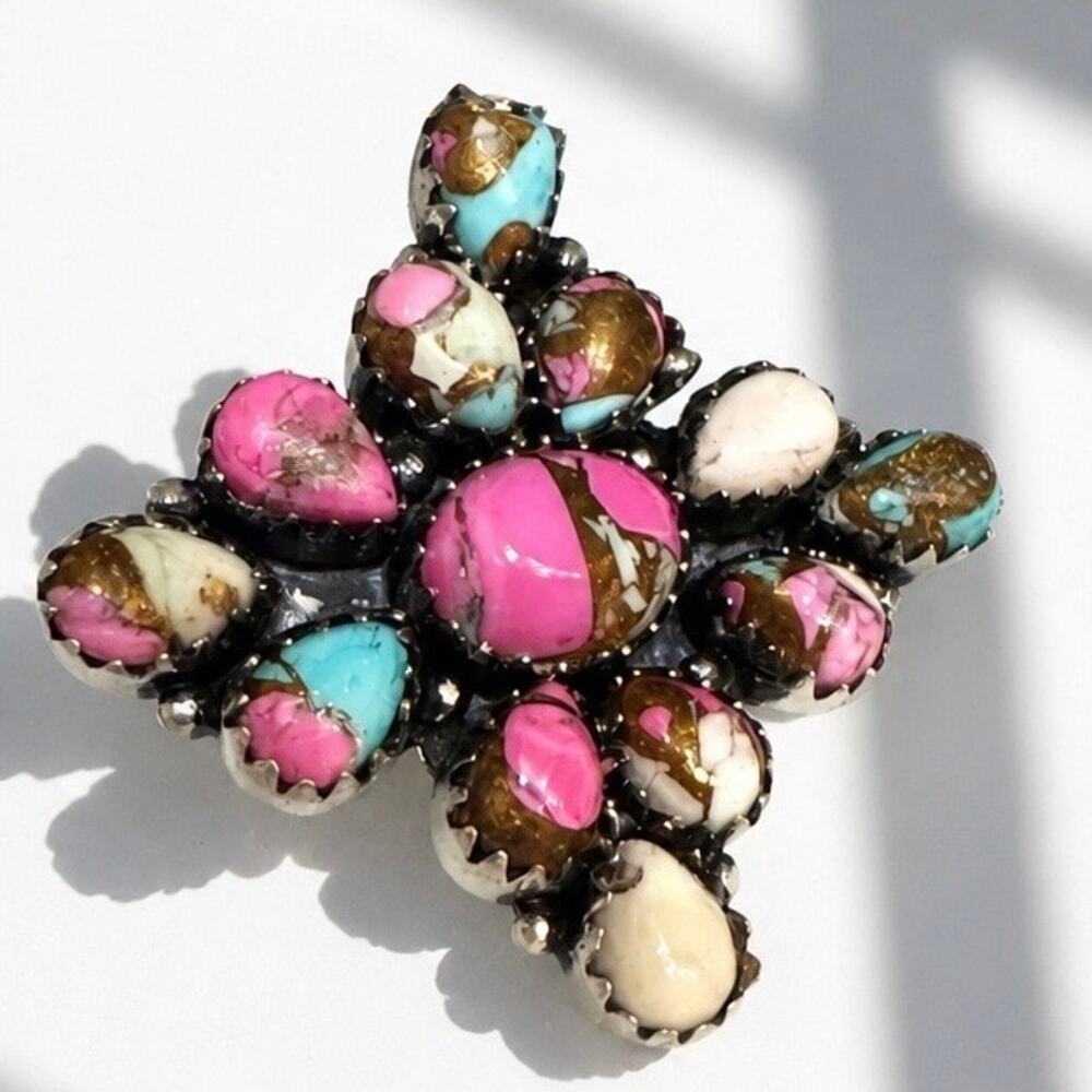 Cotton Candy Turquoise Cluster Ring Sterling Silver Size 8 Boho - Picture 3 of 6